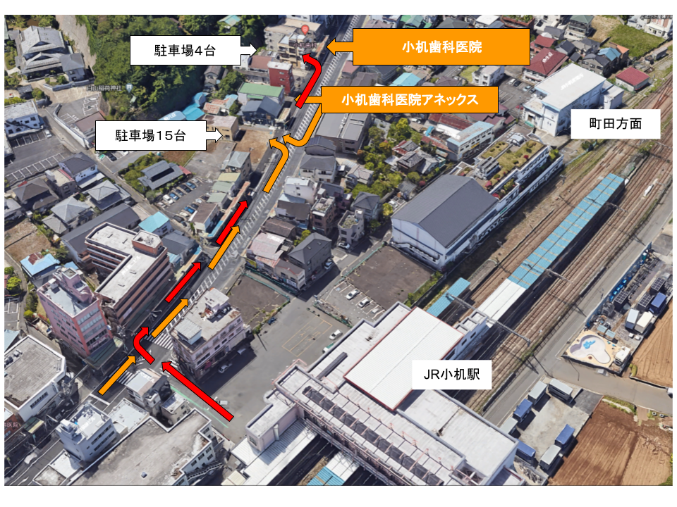JR小机駅から小机歯科医院までの徒歩ルートと、駐車場4台・15台の位置を示した航空写真