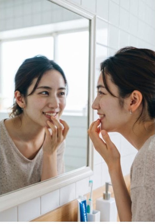 洗面所の鏡に向かって、指で唇を持ち上げて歯ぐきの状態を確かめている様子