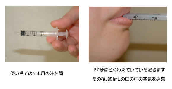 オーラルクロマによる口臭測定の様子。専用アプリケーターを口腔内に装着して口の中の空気を採取している