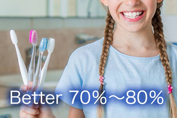 歯ブラシを手に笑顔を見せる女の子。「Better 70％〜80％」の文字とともに、自然で良い歯並びを目指すプレ矯正を表したイメージ