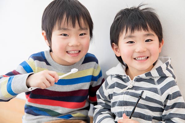 歯ブラシを持って笑顔を見せる二人の幼い男の子。乳歯から永久歯への生え変わり期の成長期のお子さまを表したイメージ